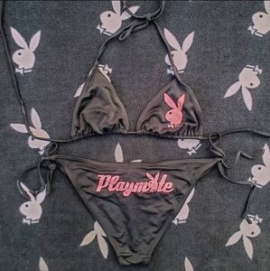 VINTAGE RARE Y2K OFFICIAL Playboy Playmate Black Bikini Set with Pink Logo Small